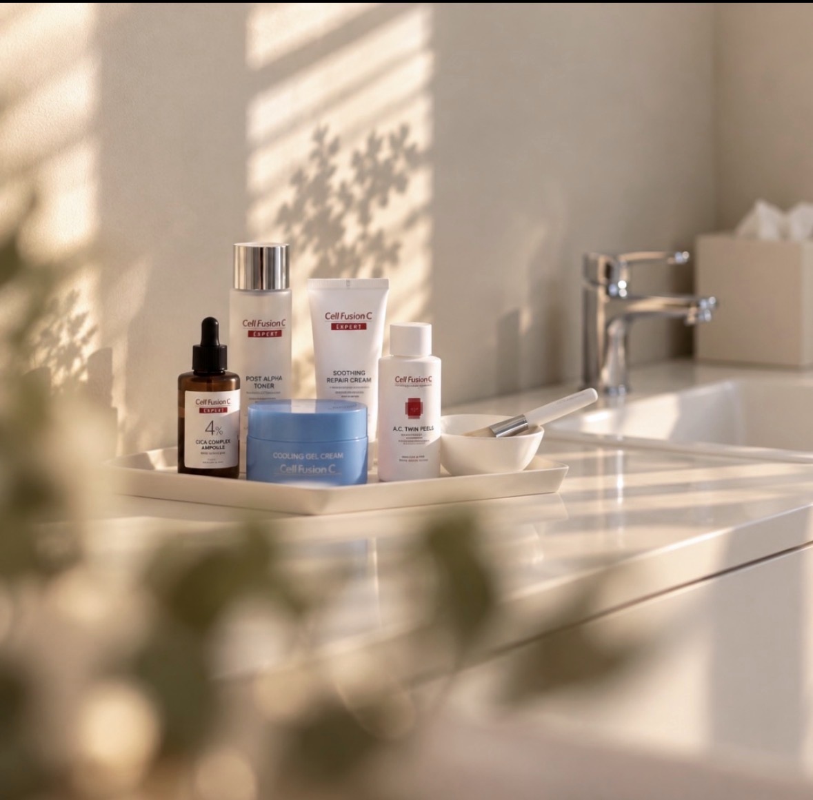 Cell Fusion C skincare products arranged on a tray in the studio